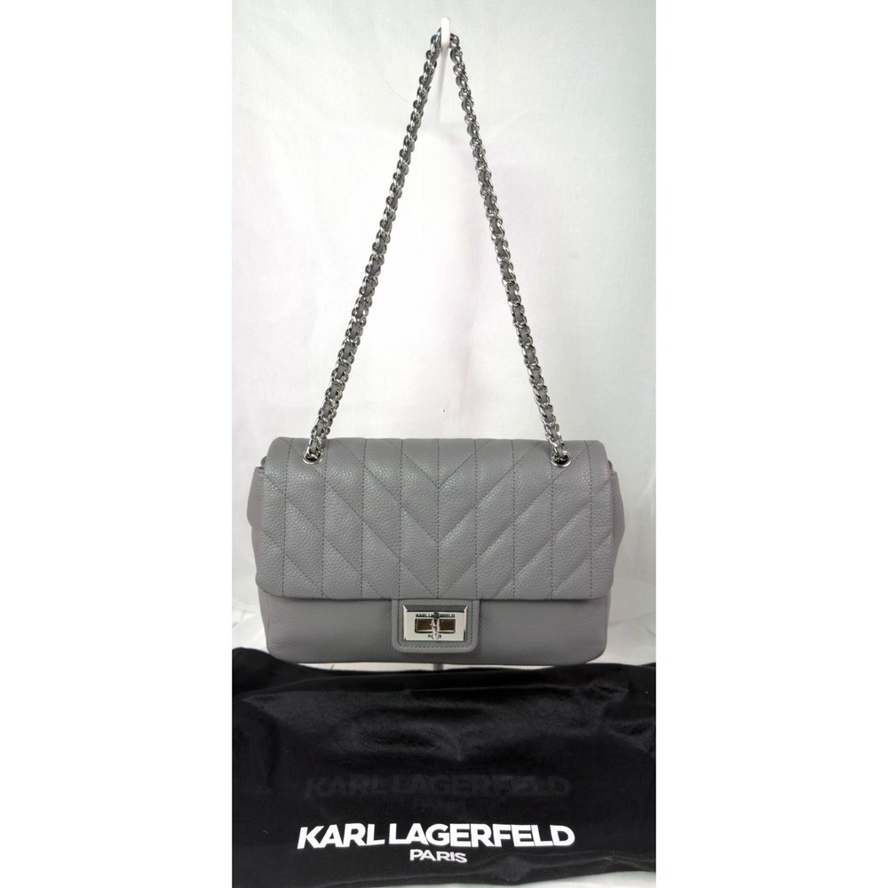 Karl Lagerfeld Paris Gray‎ Quilted Chain Shoulder Flap Turn Lock Purse With DB!